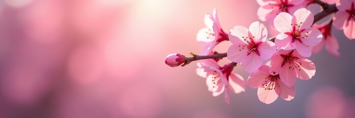 Closeup of pink cherry blossom branches in spring with soft bokeh background and sunlight filtering through twigs and branches,  soft,  spring