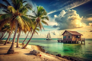 Vintage Florida Keys Island Shore Photography: Retro Beach Scene, Sun-Kissed Sands, Turquoise Waters