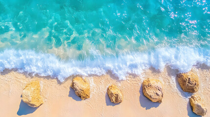 Fototapeta premium Aerial Top Down View of Turquoise Ocean Waves Crashing on Golden Sandy Beach with Coastal Rocks During Sunny Day Offering Tranquil Summer Seaside Scene