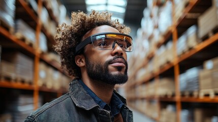 A worker wears augmented reality glasses to enhance efficiency while overseeing inventory in a bustling warehouse filled with shelves of stock and goods.