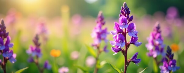 Fototapeta premium Closeup of Purple Larkspur flowers blooming in a vibrant meadow, flowers, meadow