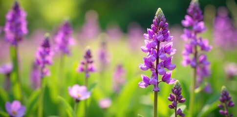 Obraz premium Closeup of Purple Larkspur flowers blooming in a vibrant meadow, landscape, bloom