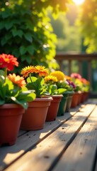 Naklejka premium Colorful flowerpots on wooden deck basking in warm sunlight, serene garden setting, outdoor, peaceful
