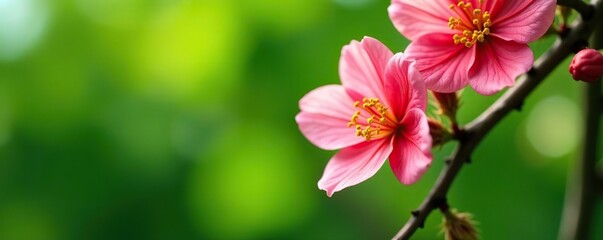 Obraz premium Close-up of vibrant flowers blooming on a tree branch against a blurry background of green leaves, nature, blooming