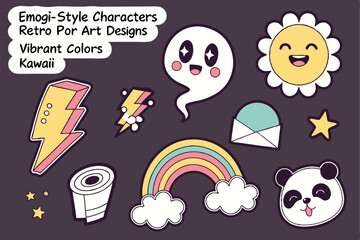 52 Colorful cartoon stickers, dark background, emoji-style characters, retro pop art, vibrant colors, kawaii designs, happy faces, speech bubbles, lightning bolt, rainbow, panda, sun, cloud, planet, s