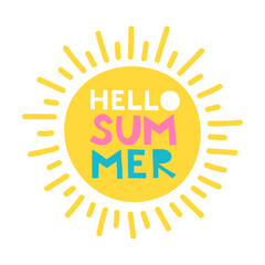 Sun with text hello summer. Cute lettering sun isolated on white background. Vector Icon illustration for label, card, logo, emblem
