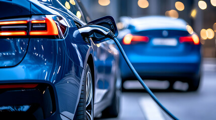 Blue Electric Car Charging At Night with Power Cable Connected in Urban Environment Demonstrating Sustainable Transportation and Modern Automotive Technology on City Street