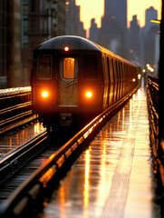 Naklejka premium An illuminated train glides gracefully on rain-soaked tracks toward a warm city skyline at dusk.