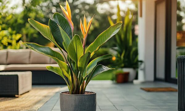 Vibrant potted plant in a modern outdoor living space with cozy seating and lush greenery