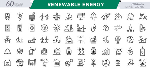 Renewable energy line icon set. Energy, efficiency, solar energy, green, sunlight, wind, and water outline icon collection. UI thin outline icon pack