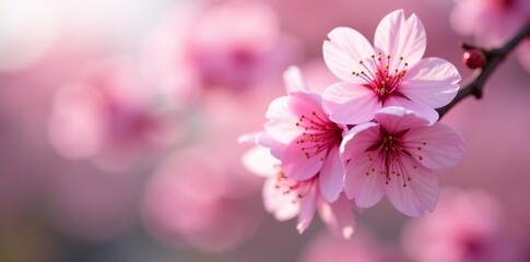 Close up of vibrant pink sakura cherry blossom flowers blooming in springtime nature background,  season,  background