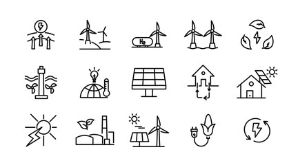 Renewable energy line icon set. Energy, efficiency, solar energy, green, sunlight, wind, and water outline icon collection. UI thin outline icon pack