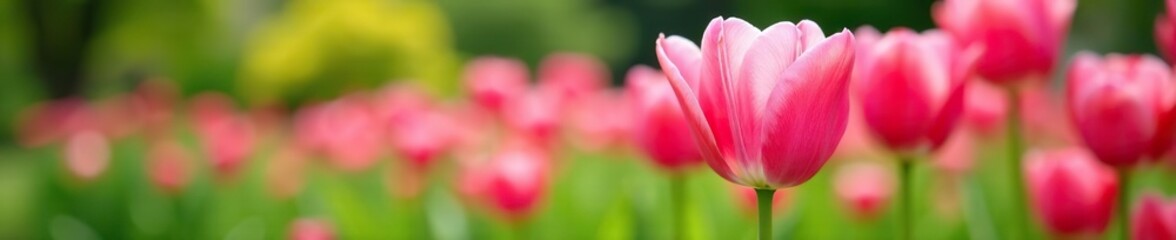 Naklejka premium Close up of vibrant pink tulip flowers in bloom in lush garden setting, flowers, verdant