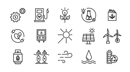 Renewable energy line icon set. Energy, efficiency, solar energy, green, sunlight, wind, and water outline icon collection. UI thin outline icon pack