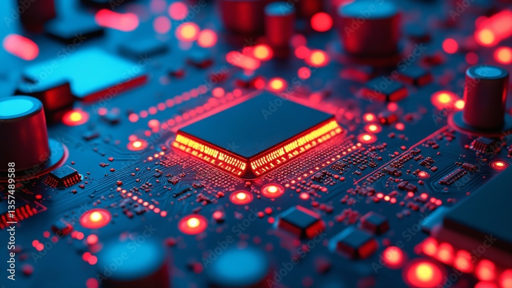 Poster Abstract Close-Up of Futuristic Circuit Board with Glowing Red Elements and Intricate Details Highlighting Technology and Innovation