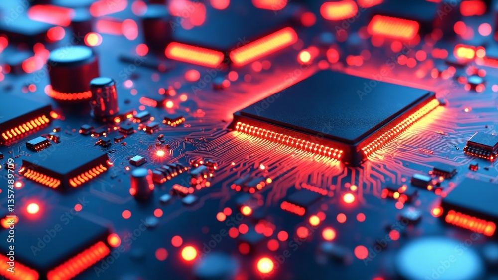 Poster Abstract Close-Up of Futuristic Circuit Board with Glowing Red Elements and Intricate Details Highlighting Technology and Innovation