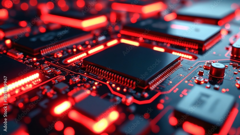 Poster Abstract Close-Up of Futuristic Circuit Board with Glowing Red Elements and Intricate Details Highlighting Technology and Innovation