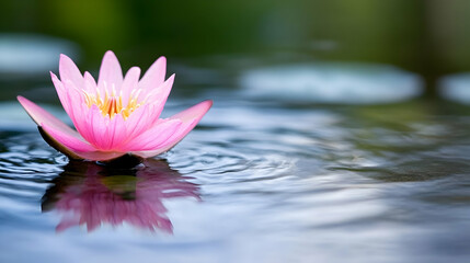 Captivating Close Up of a Pink Lotus Flower in Full Bloom Resting on Water with Ripples and Soft Reflections Bathed in Natural Light against a Blurred Green Background