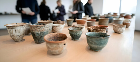Fototapeta premium Ceramic Cups Collection on Display Table in Art Gallery Featuring Handmade Pottery with Varied Textures Gray Brown and Beige Hues under Bright Studio Lighting with People in the Background