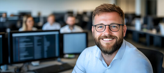 Cheerful Businessman with Beard and Eyeglasses Smiling in Modern Office with Computer Screens and Coworkers Wearing Light Blue Shirt and Casual Outfits in Well Lit Environment During Daytime
