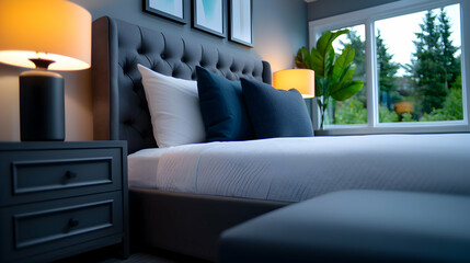 Fototapeta premium Modern Gray Bedroom Interior with Tufted Headboard and Soft Lighting