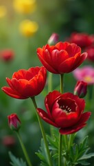 Fototapeta premium Close-up of vibrant red Ranunculus flowers in full bloom with a blurred background of springtime foliage and blossoms, vibrant, spring