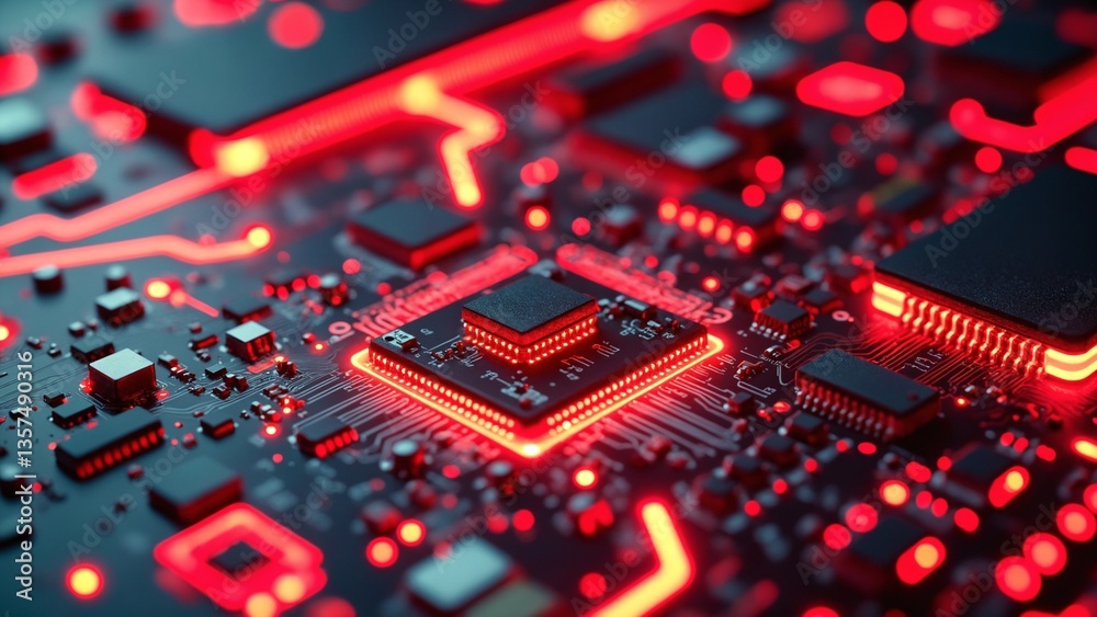 Poster Abstract Close-Up of Futuristic Circuit Board with Glowing Red Elements and Intricate Details Highlighting Technology and Innovation