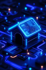 Concept for smart living with neon digital house. Futuristic smart home on circuit board - the future of housing