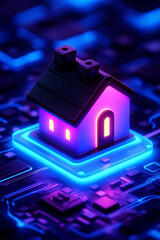 Concept for smart living with neon digital house. Futuristic smart home on circuit board - the future of housing