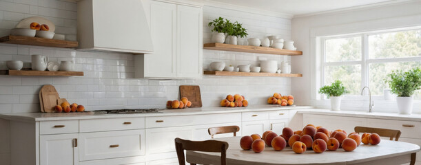 Peaches are scattered on the table in the bright kitchen