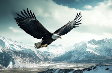 Fototapeta premium Bald Eagle Soaring Across Snowy Mountains Landscape Under a Cloudy Sky