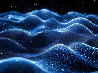 Ethereal Waves of Sparkling Blue Glitter Particles Flowing in a Dark Abstract Landscape with Glowing Lights and Modern Design
