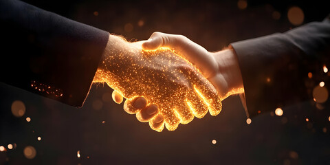 Close Up of a Glowing Handshake Between Two Businessmen in Dark Suits Symbolizing a Digital Partnership in a Dark Background with an Ambiant Light