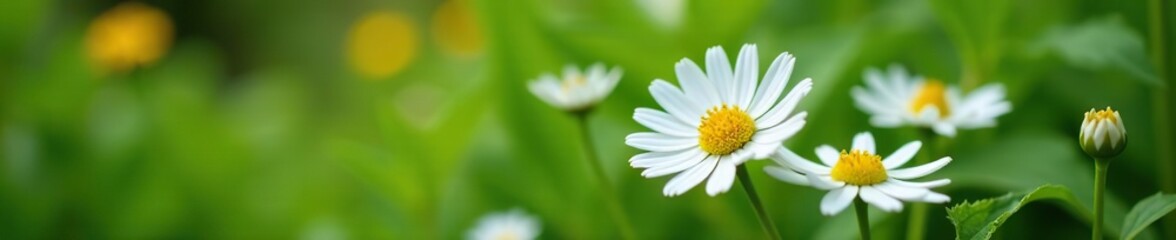 Obraz premium Close-up of white daisy flowers surrounded by green plants in garden, spring, beauty