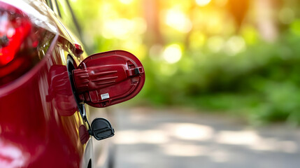 Close Up Of a Red Car Fuel Tank Flap Open On a Street With a Blurry Green and Yellow Foliage Background In Sunlight