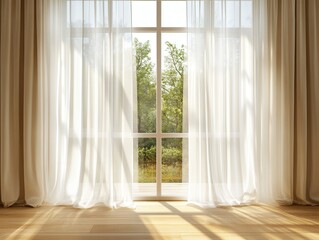 Serene window view with soft curtains and warm sunlight illuminating the wooden floor in a cozy room
