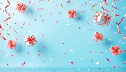 Fototapeta premium Pastel blue background with floating gift boxes and confetti, celebratory scene, happy, airborne