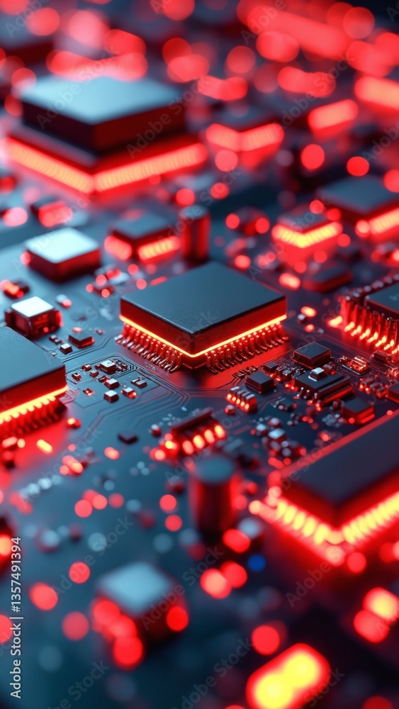 Poster abstract close-up of futuristic circuit board with glowing red elements and intricate details highli