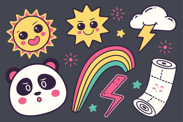 52 Colorful cartoon stickers, dark background, emoji-style characters, retro pop art, vibrant colors, kawaii designs, happy faces, speech bubbles, lightning bolt, rainbow, panda, sun, cloud, planet, s