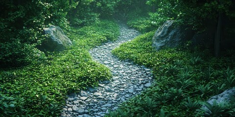 Fototapeta premium Enchanting journey along a serpentine path that winds through a lush emerald forest revealing nature's beauty