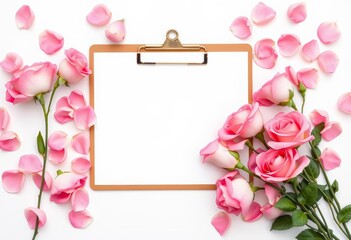 Obraz premium Pastel pink roses & petals artfully arranged around a blank clipboard on white background, white, flowers