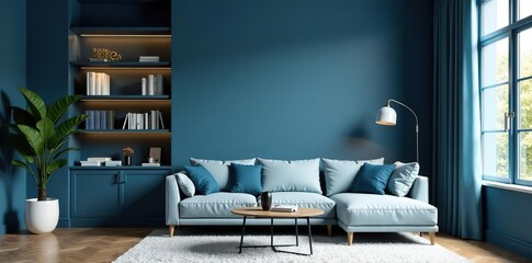 Close-up shot of a beautiful blue modern home office wall shelving, creating a luxurious and classic cozy interior living room backdrop for virtual meetings,  luxurious,  home office