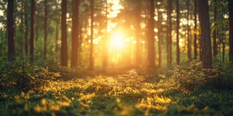 Obraz premium The serene beauty of a forest curve during golden hour bathed in warm hues that evoke tranquility