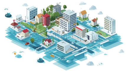 The image is a digital illustration depicting an isometric view of a city partially submerged in water. The style is low-poly, with various buildings, houses, and green spaces rendered in a