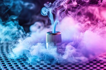 Close up of a metal atomizer with blue and pink vapor, creating a mesmerizing and artistic effect, with a focus on detail and colorful clouds of smoke.