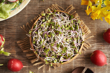 Fresh radish sprouts or microgreens in a wooden bowl, top view