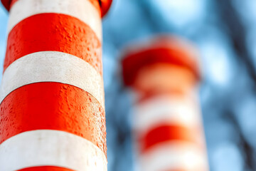 Close Up of Two Red and White Striped Poles Against Blurred Tree Branches Showing Abstract Design with Bright Colors Detailed Textures and Upward View in Geometric Shapes