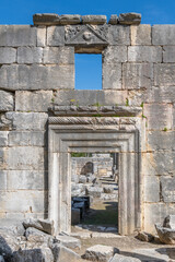 Fototapeta premium Details of the door of the ancient Bar'am Synagogue in Bar'am National Park in northern Israel near the Lebanese border. 