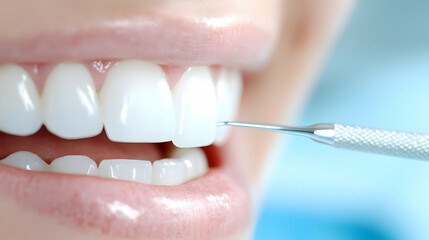 Close Up of White Teeth with Dental Instrument for Oral Hygiene in a Professional Dentistry Setting with Soft Lighting and Blue Background for Health and Wellness