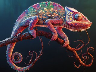 A colorful chameleon perched on a branch, blending into its environment,